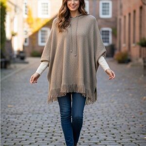 ✨ Cozy Chic: Oliver by Escio Hooded Fringe Poncho in Beige/Taupe (L/XL)